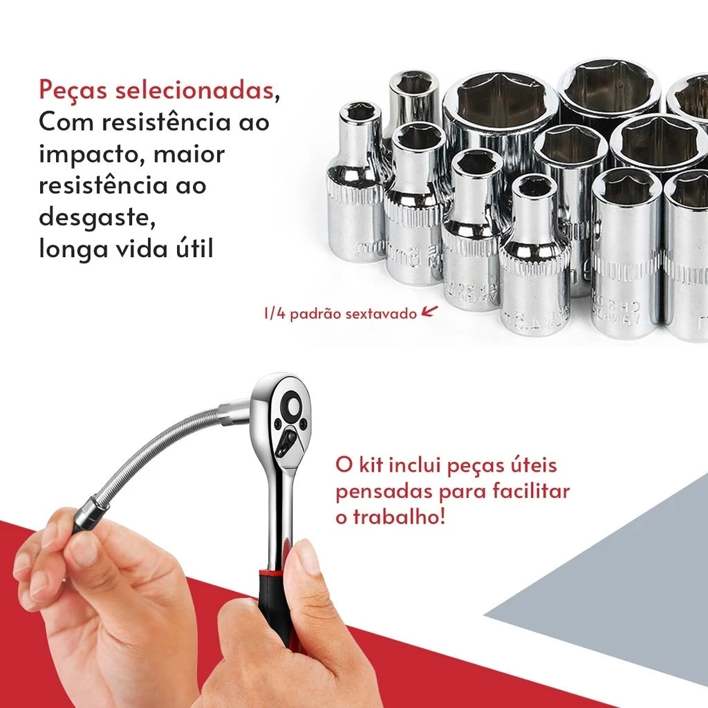 Kit De Ferramentas Completo Com 46 Peças - Jogo De Soquetes + Chave Catraca Reversível + Maleta