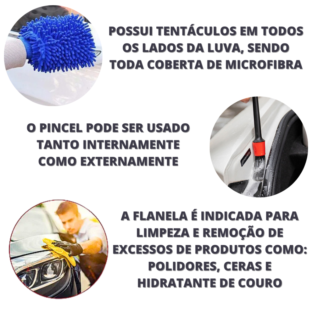 Kit de Lavagem Automotiva - Flanela de Microfibra 30x40cm + Luva Microfibra + 05 Pincéis