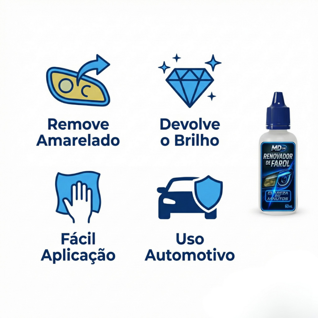 Revitalizador de Farol MD Car – Remove Amarelado, Fosco e Opacidade dos Faróis - 60 ml