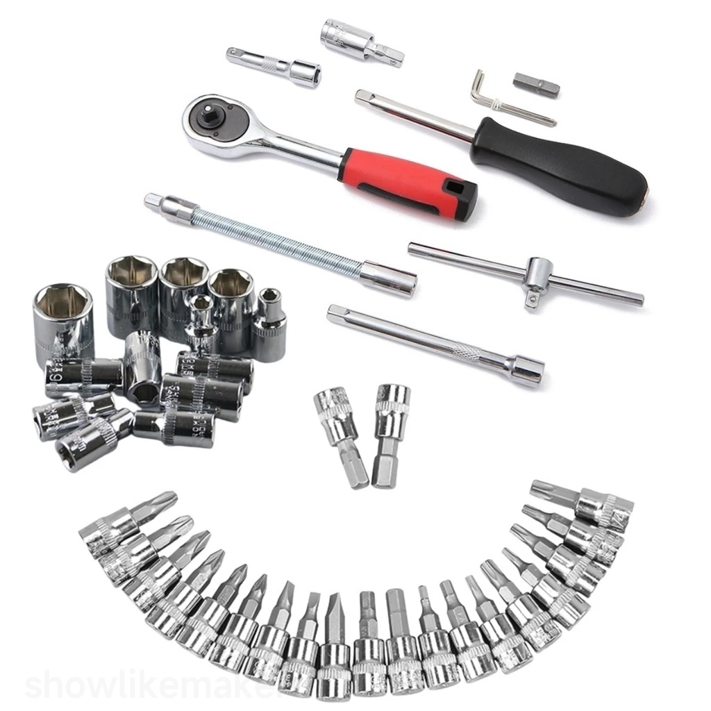 Kit De Ferramentas Completo Com 46 Peças - Jogo De Soquetes + Chave Catraca Reversível + Maleta