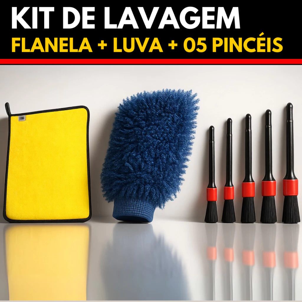 Kit de Lavagem Automotiva - Flanela de Microfibra 30x40cm + Luva Microfibra + 05 Pincéis
