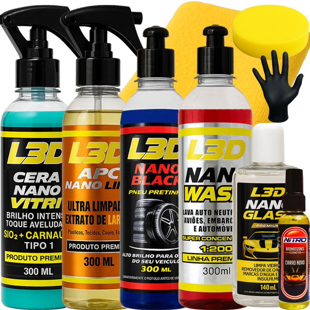 Kit L3D Completo - Removedor + Cera + APC + Pretinho + Shampoo + Flanela + Luva